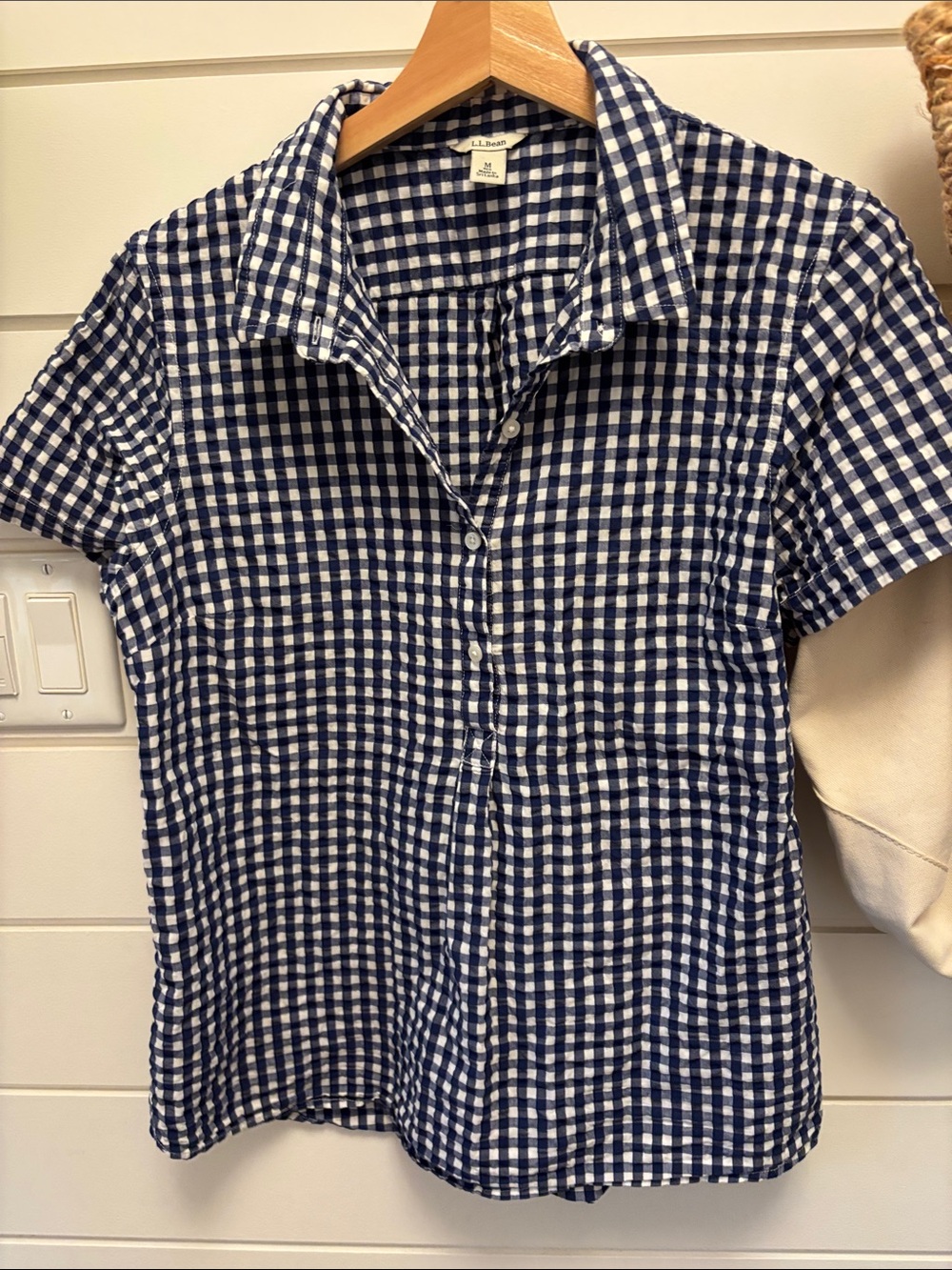 LL Bean Navy Gingham Check Seersucker Popover Top, M